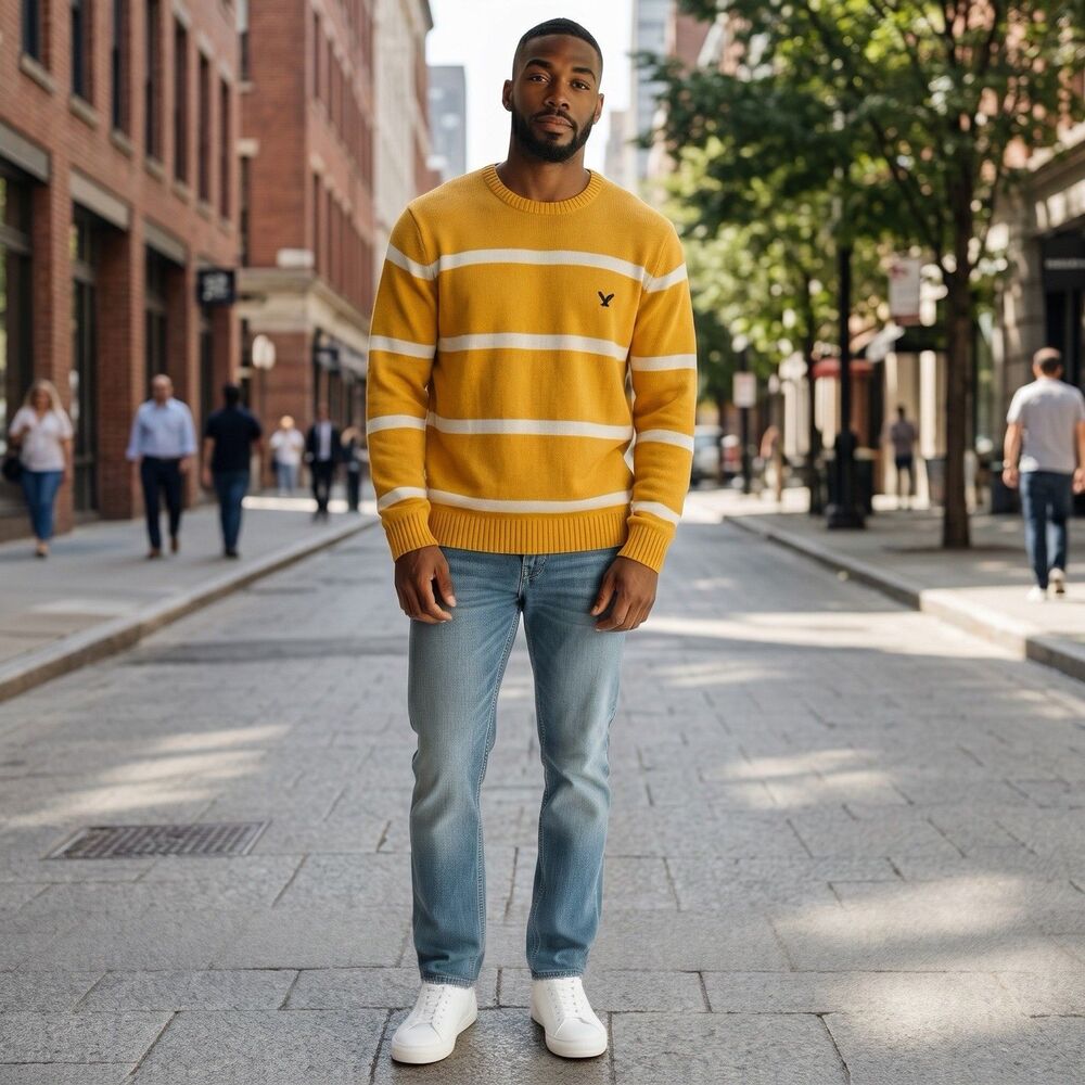 NEW American Eagle Sweater Mens XXL Cream Yellow Wool Striped Winter Holiday